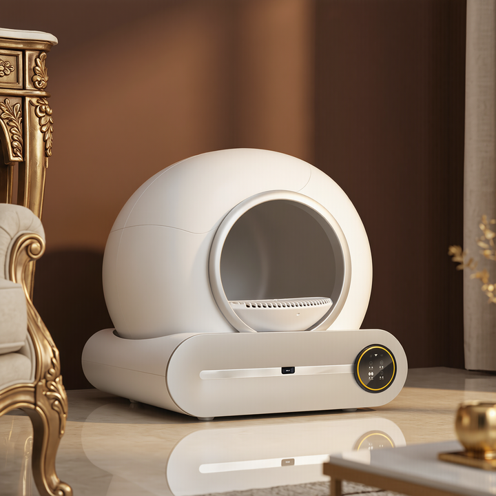 A self-cleaning litter box in a tidy modern home