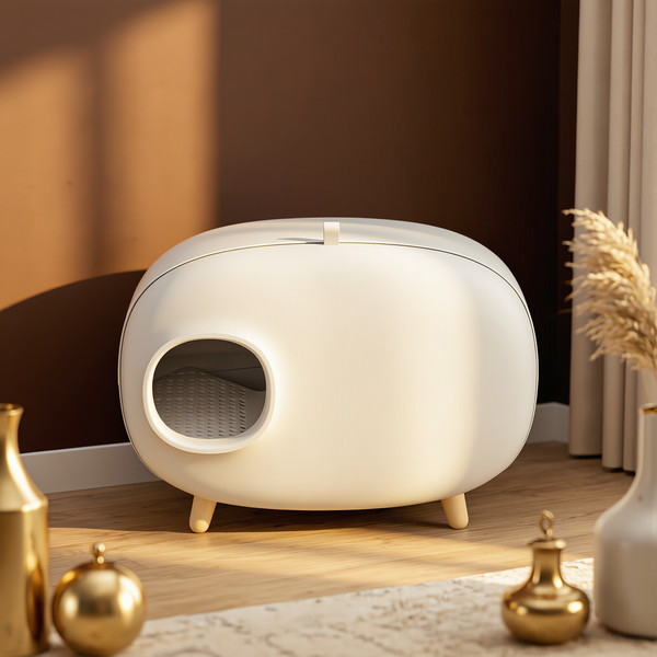 FELVO Salon, Enclosed Drawer Litter Box in Muted Tones styled in a warm modern interior