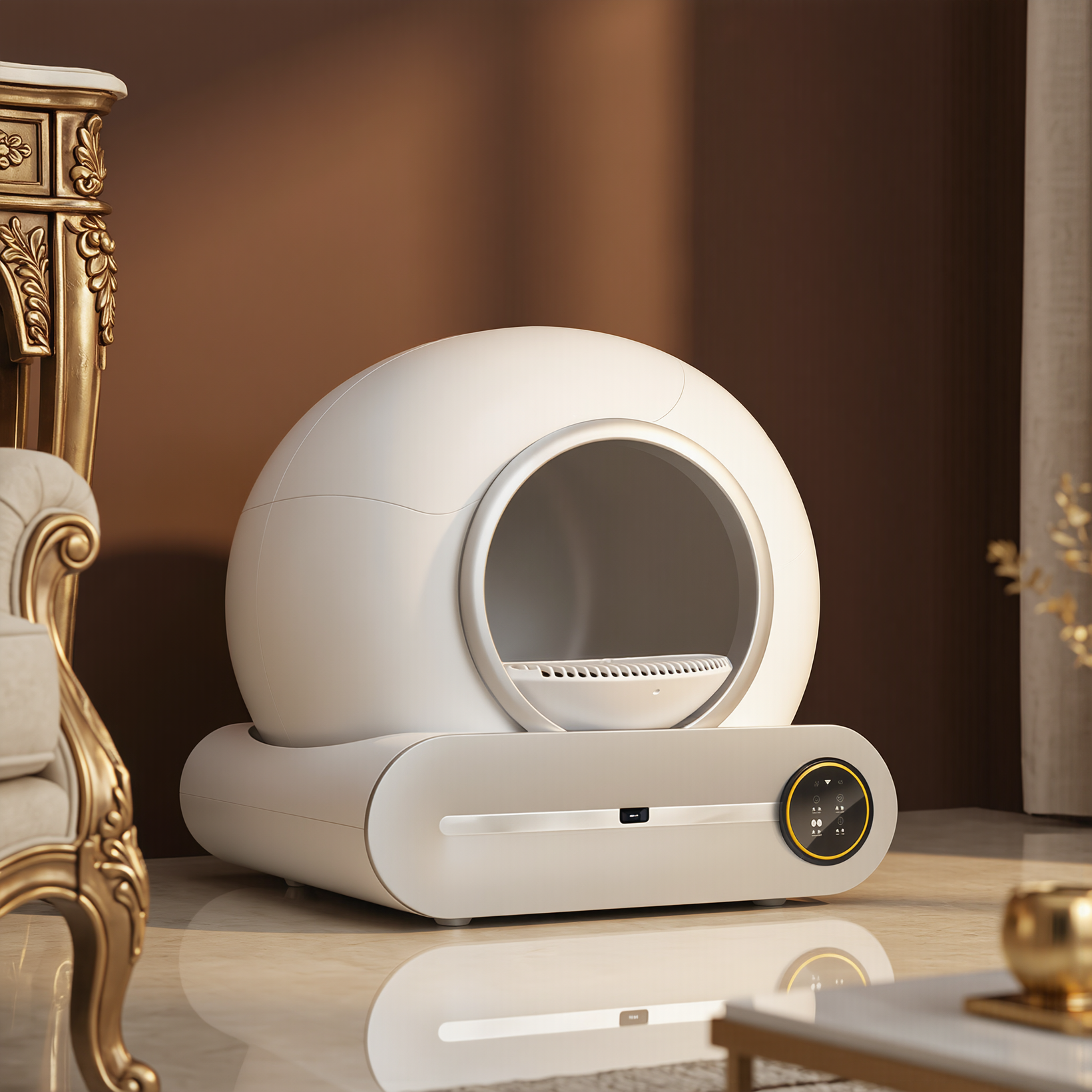 A self-cleaning litter box in a tidy modern home