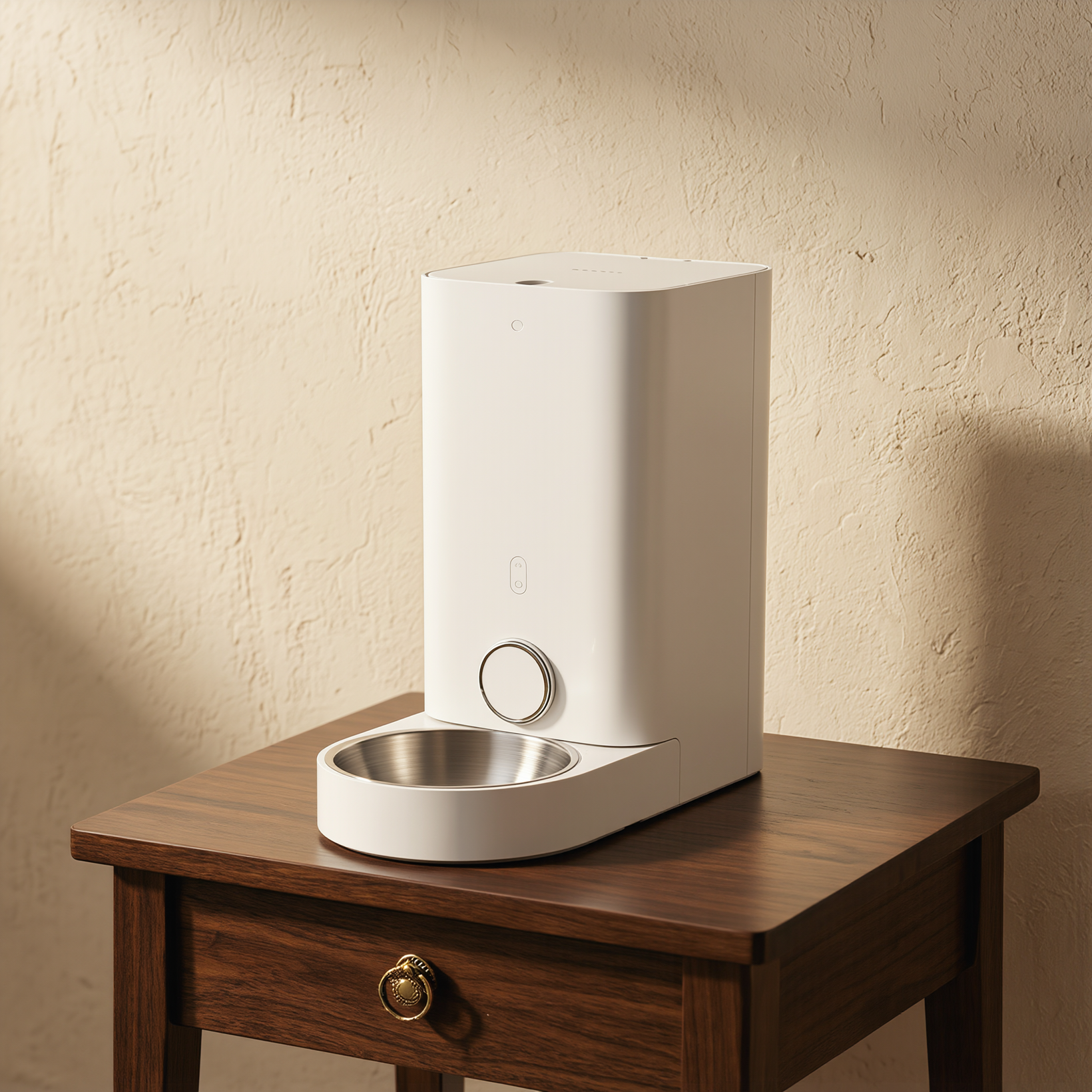 A smart automatic feeder in a warm modern apartment