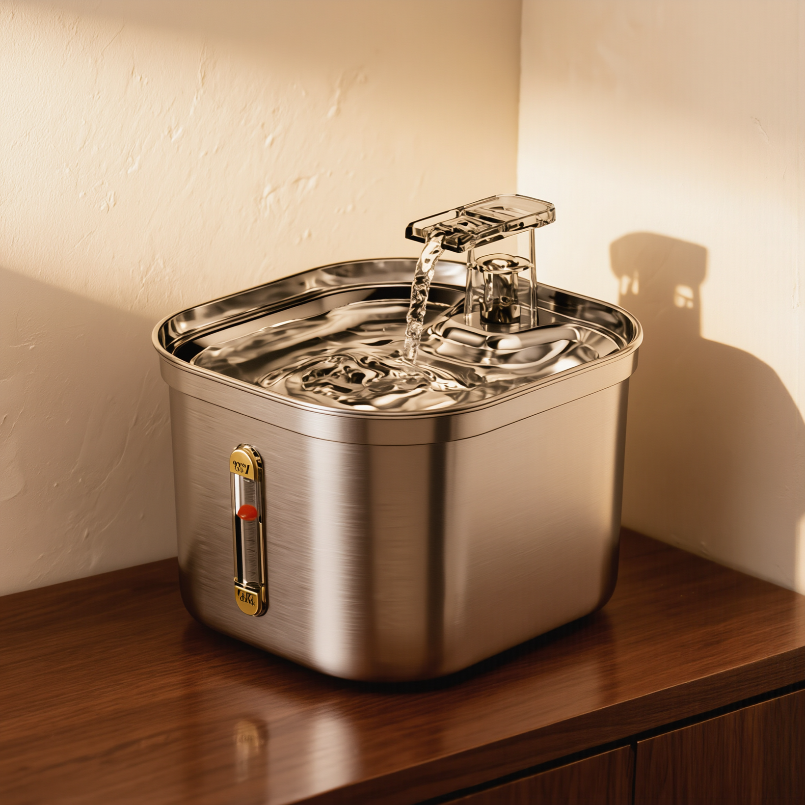 A filtered stainless steel cat water fountain in a calm interior