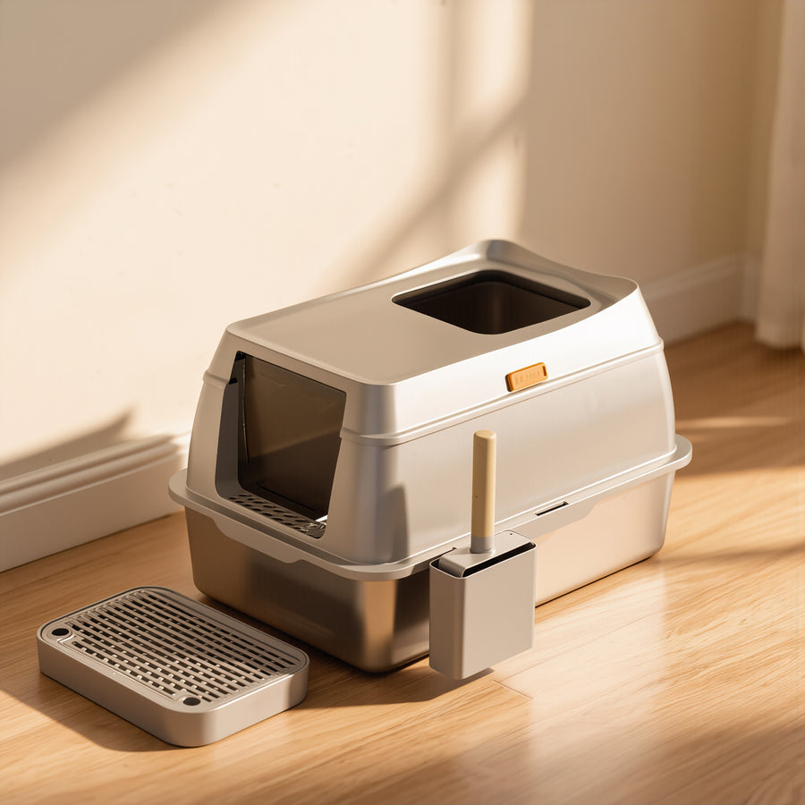 FELVO Steel Haven, Fully Enclosed Stainless Litter Box in use