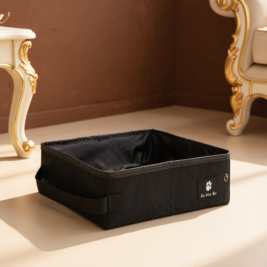 FELVO Trek Loo, Folding Travel Litter Box styled in a warm modern interior