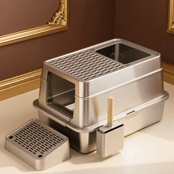 FELVO Steel Vault, Pedal Stainless Litter Box styled in a warm modern interior