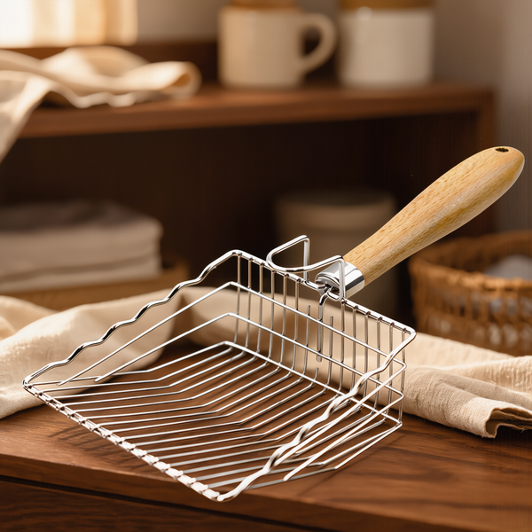 FELVO Sift, Universal Stainless Litter Scoop styled in a warm modern interior