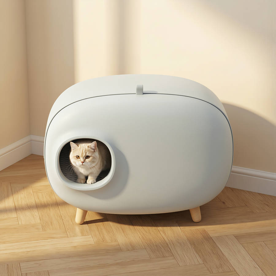 FELVO Salon, Enclosed Drawer Litter Box in Muted Tones in use