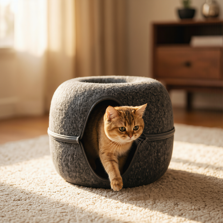 FELVO Cocoon, Wool-Felt Convertible Cat Tunnel in use
