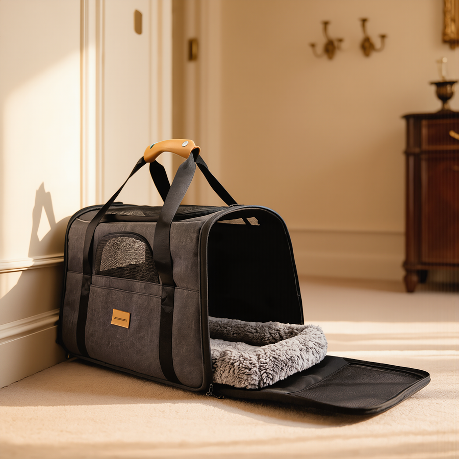 FELVO Sojourn, Foldable Soft Travel Crate styled in a warm modern interior