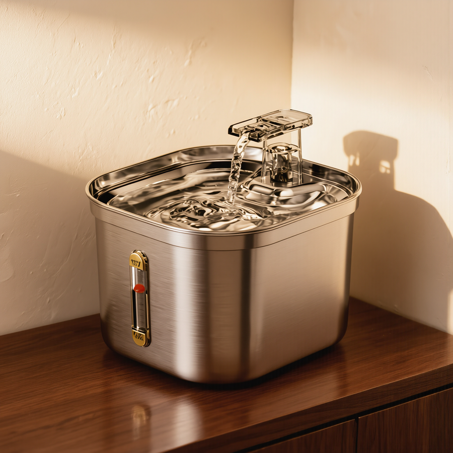 FELVO Brook, Filtered Stainless Steel Water Fountain styled in a warm modern interior
