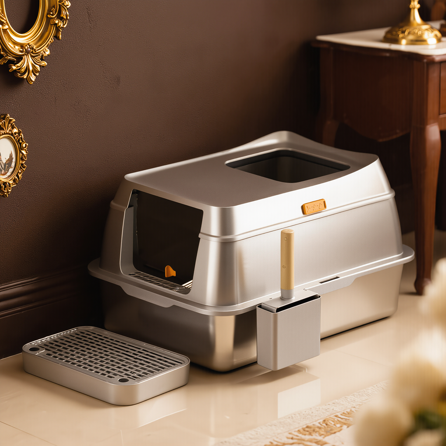 FELVO Steel Haven, Fully Enclosed Stainless Litter Box styled in a warm modern interior