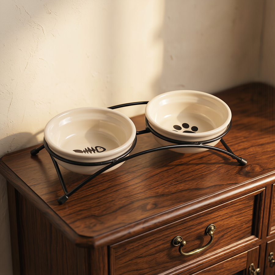 FELVO Forge, Elevated Ceramic Bowls on Iron Stand styled in a warm modern interior