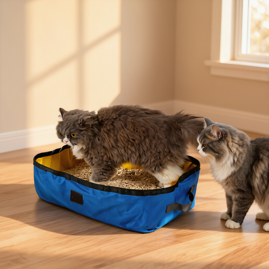 FELVO Oxford Loo, Foldable Travel Litter Box in use