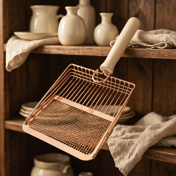 FELVO Timber Scoop, Wood-Handled Metal Litter Scoop styled in a warm modern interior
