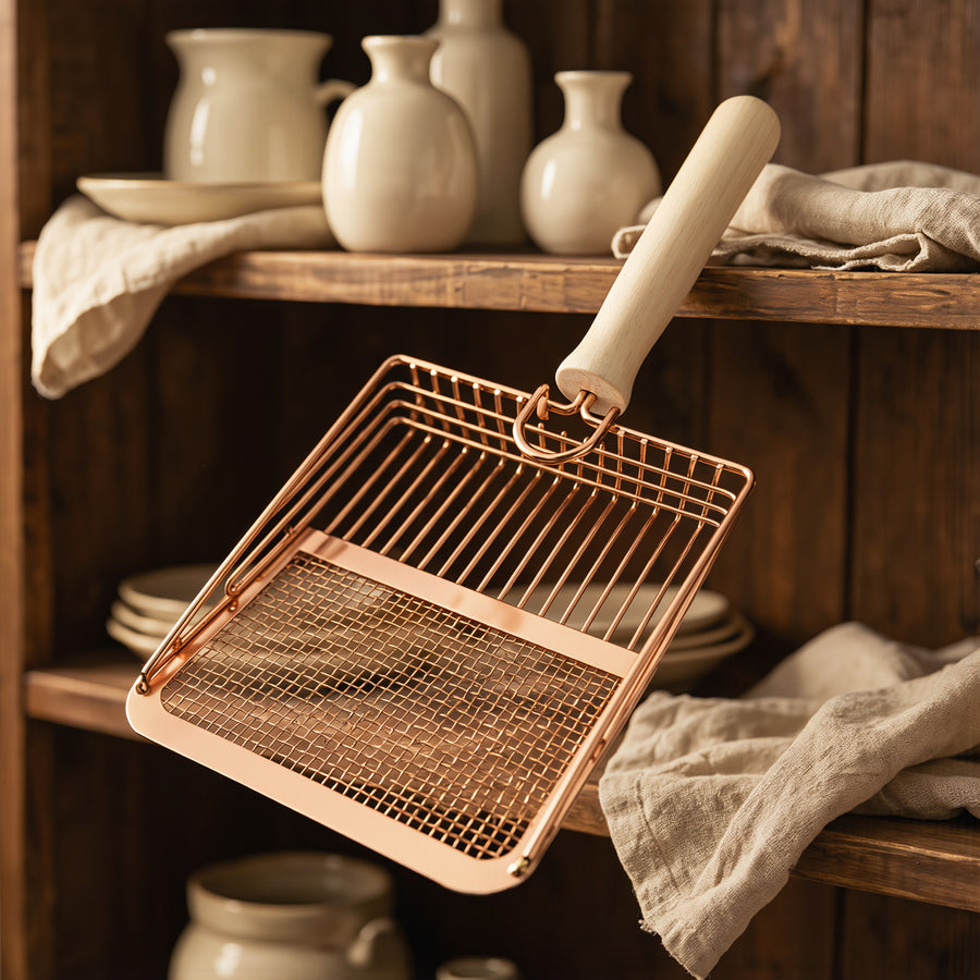 FELVO Timber Scoop, Wood-Handled Metal Litter Scoop styled in a warm modern interior