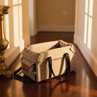 FELVO Sand Tote, Sand Canvas Carrier with Leather Patch styled in a warm modern interior