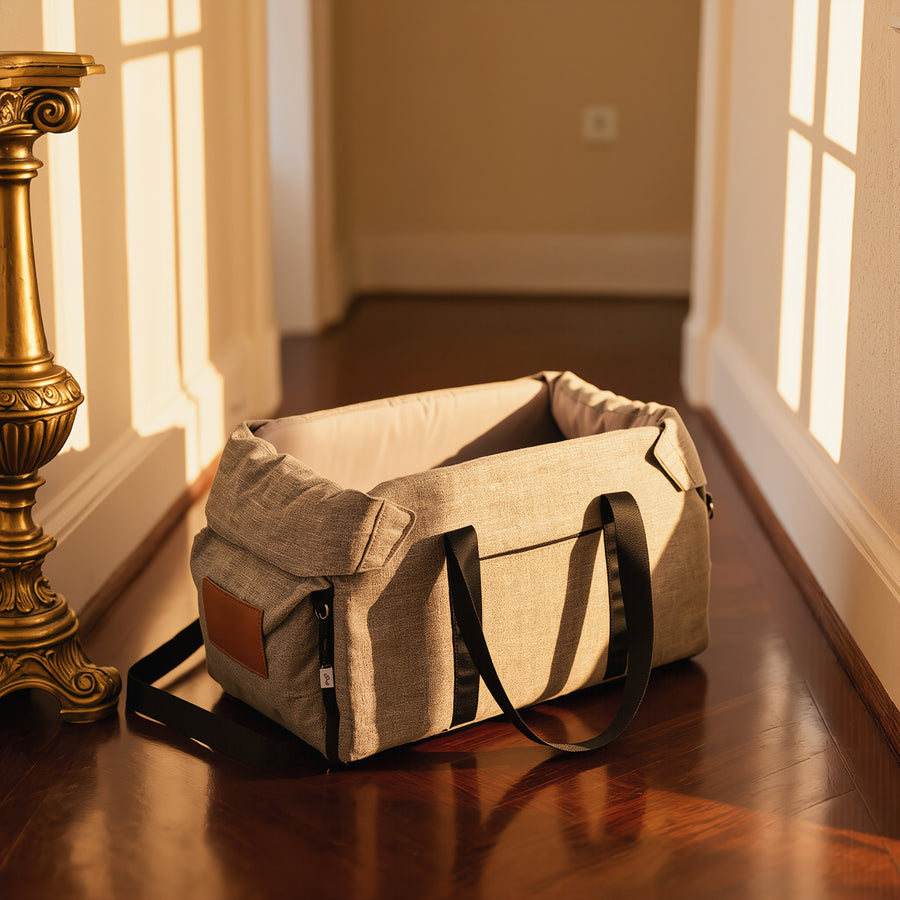 FELVO Sand Tote, Sand Canvas Carrier with Leather Patch styled in a warm modern interior